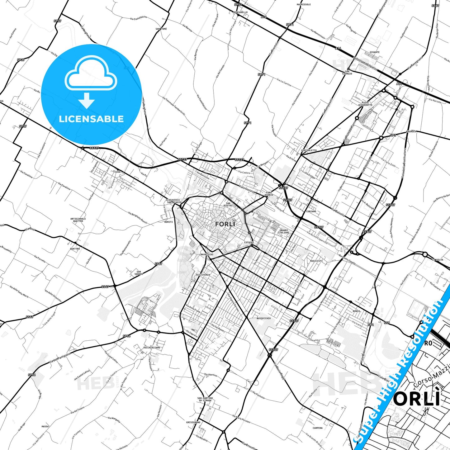 Forlì, Italy Light Map with Street Names, City Names, and Districts