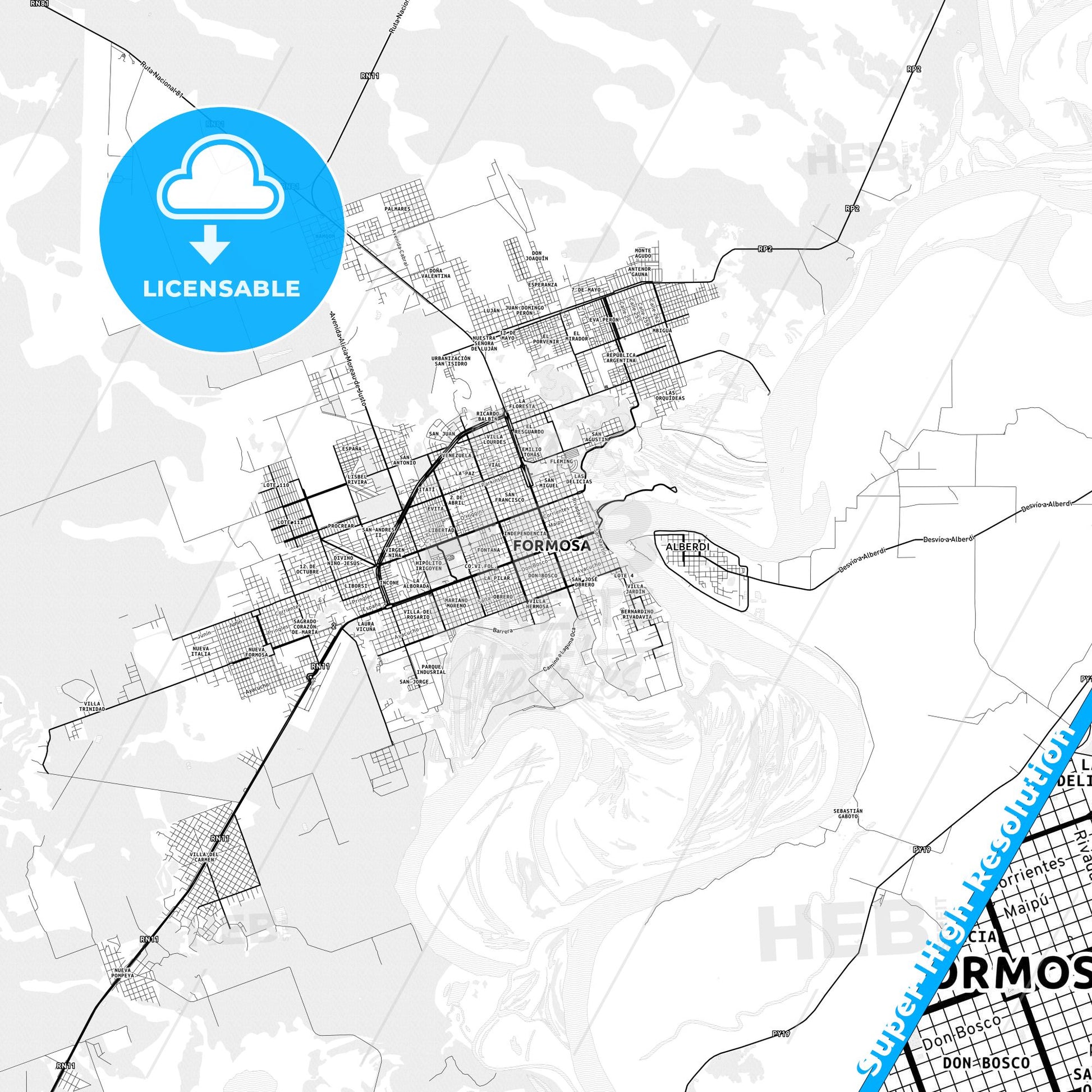 Formosa, Argentina light map with streetnames, citynames and districts