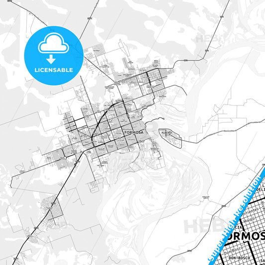 Formosa, Argentina light map with streetnames, citynames and districts