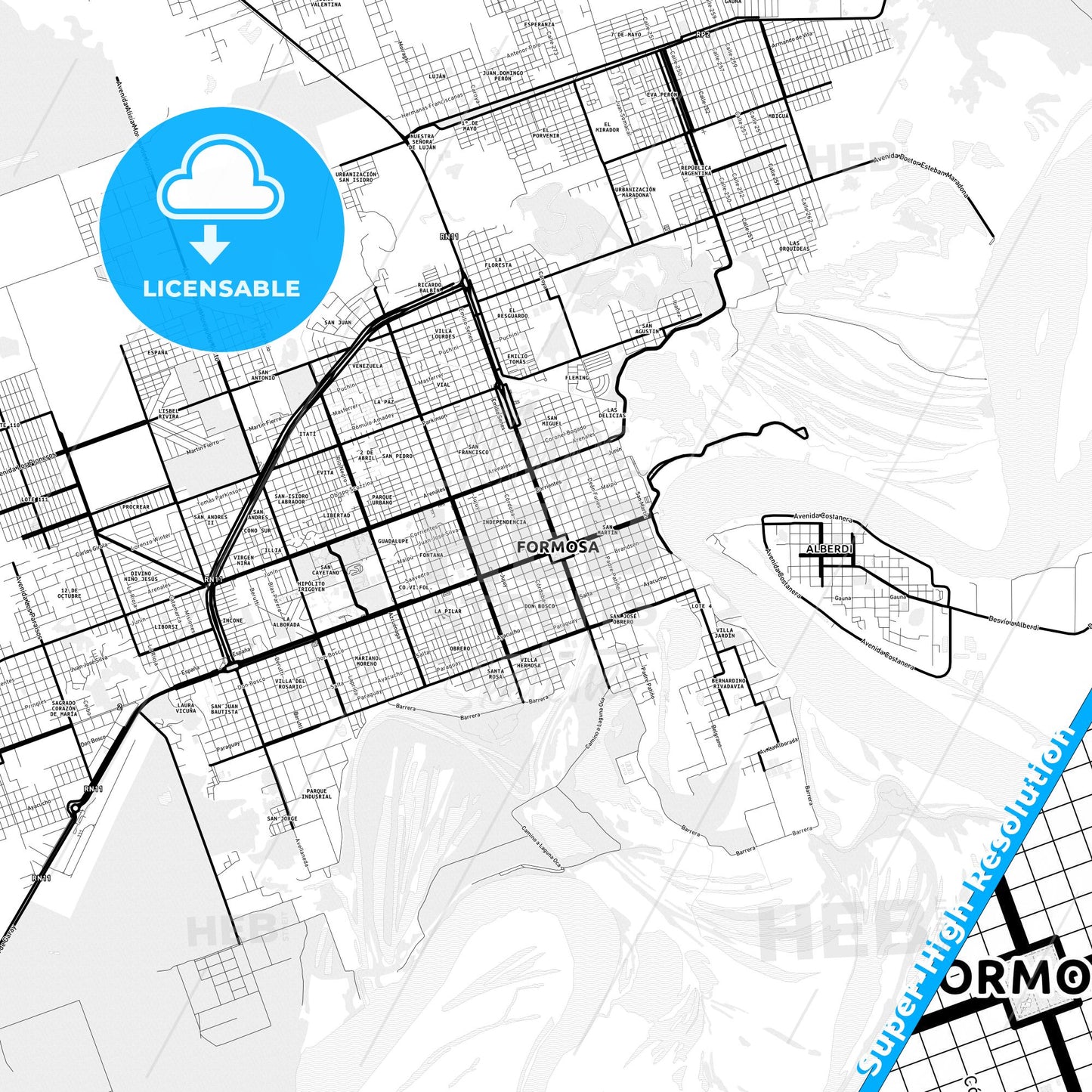 Formosa, Argentina Light Map with Street Names, City Names, and Districts