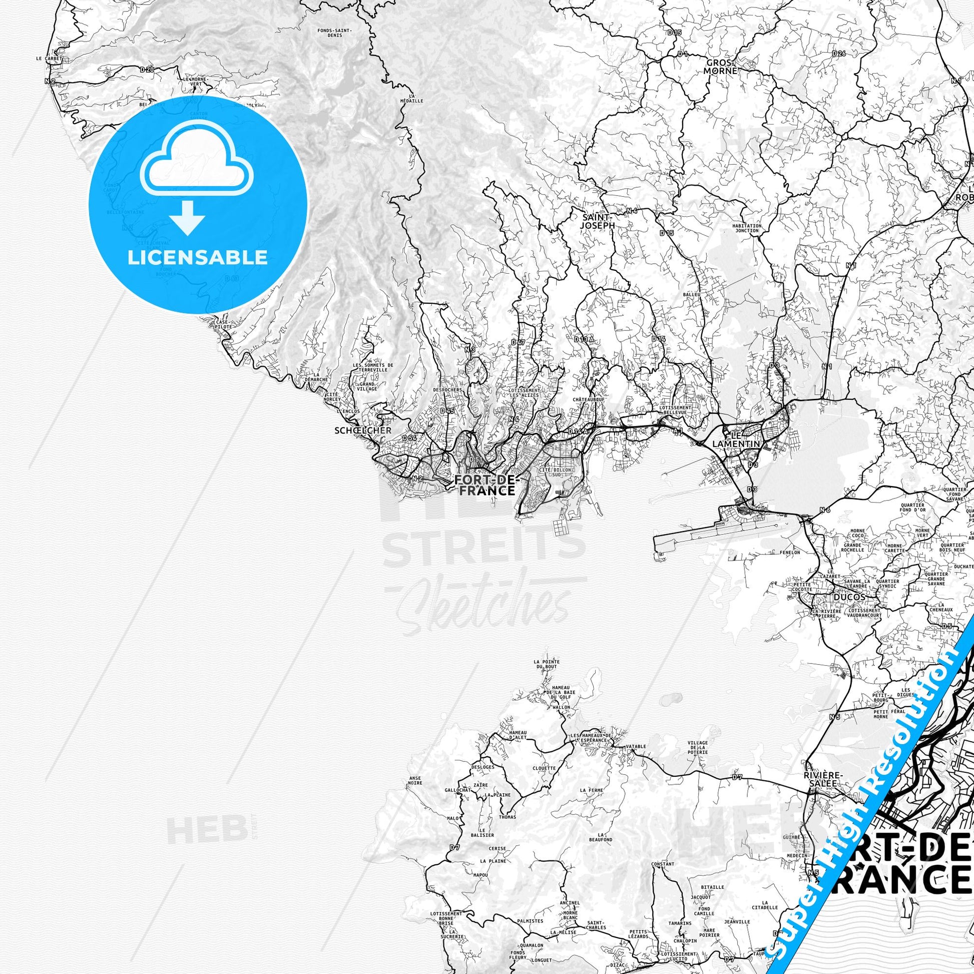 Fort-de-France, France light map with streetnames, citynames and districts