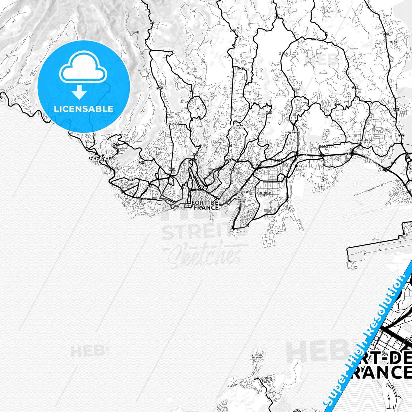 Fort-de-France, France Light Map with Street Names, City Names, and Districts