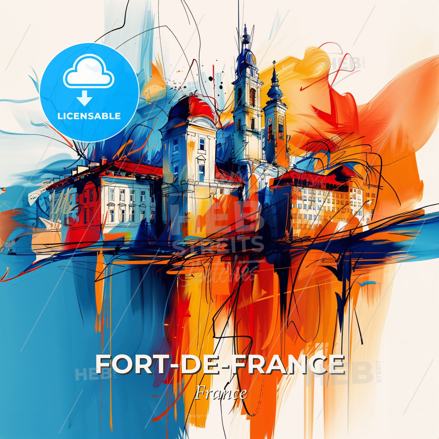 Vibrant Fort-De-France, France - A Painting Of A Building - Square format print template