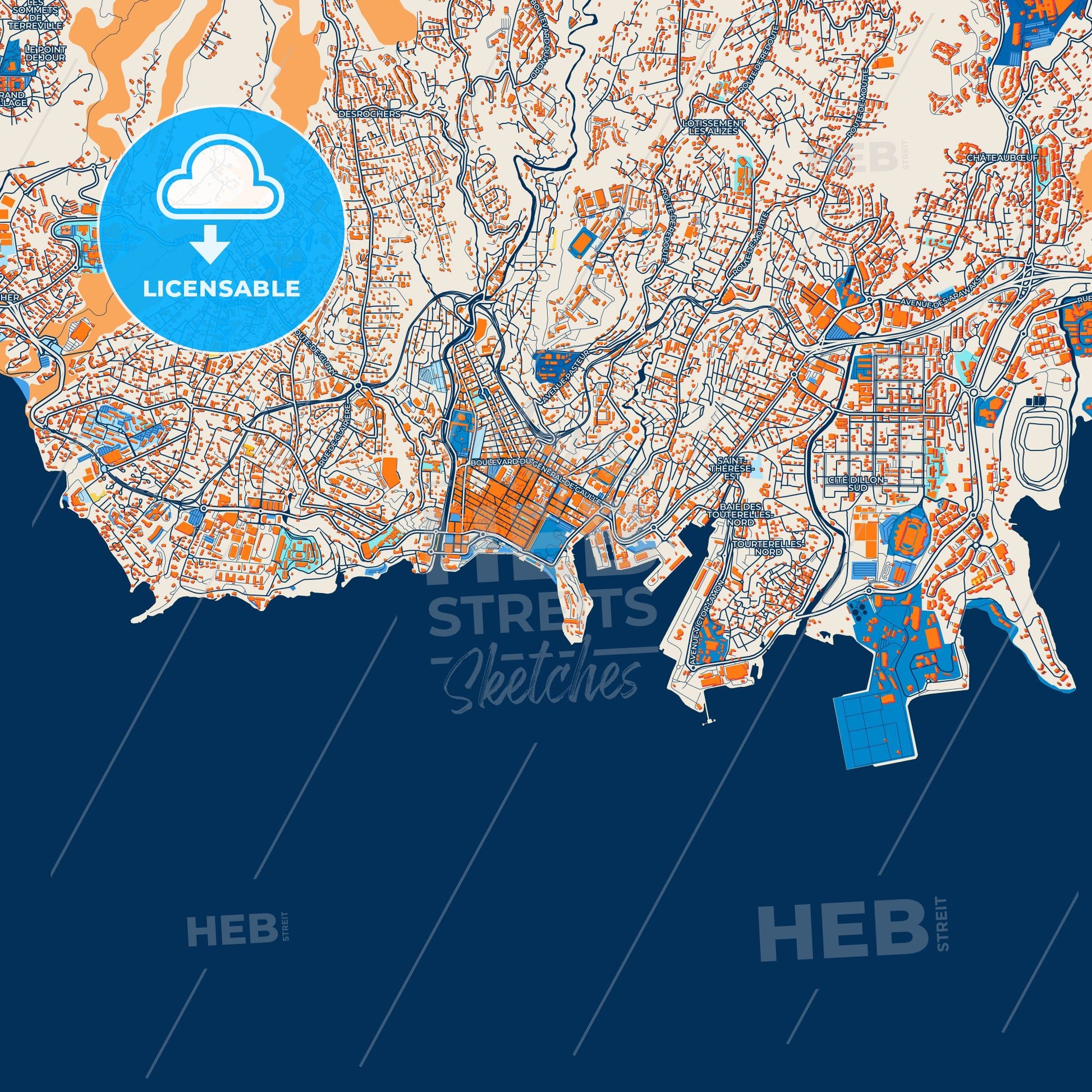 Colorful Fort-de-France Street Map with Labels and Buildings