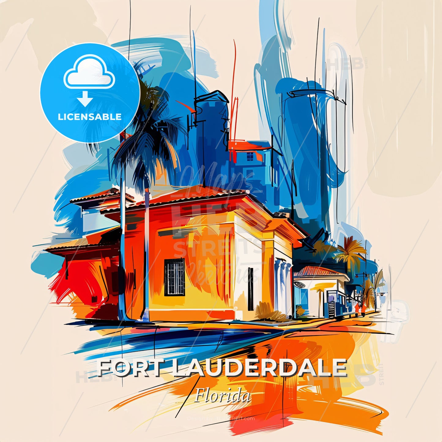 Vibrant Fort Lauderdale, Florida - A Painting Of A Building With Palm Trees - Square format print template