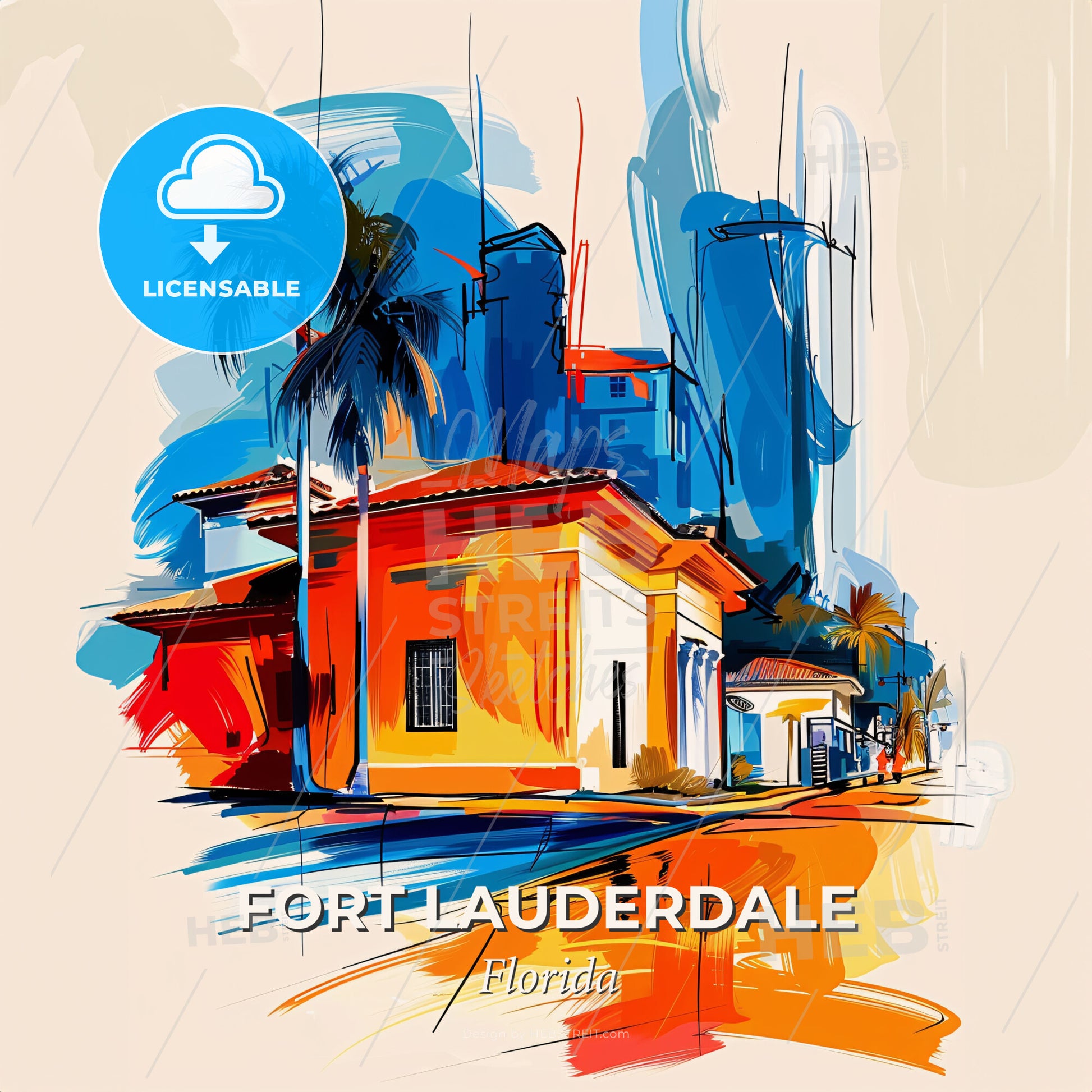Vibrant Fort Lauderdale, Florida - A Painting Of A Building With Palm Trees - Square format print template
