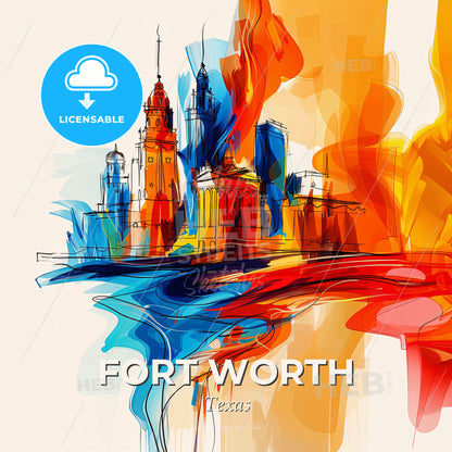 Vibrant Fort Worth, Texas - A Colorful Cityscape With Buildings And A Bridge - Square format print template
