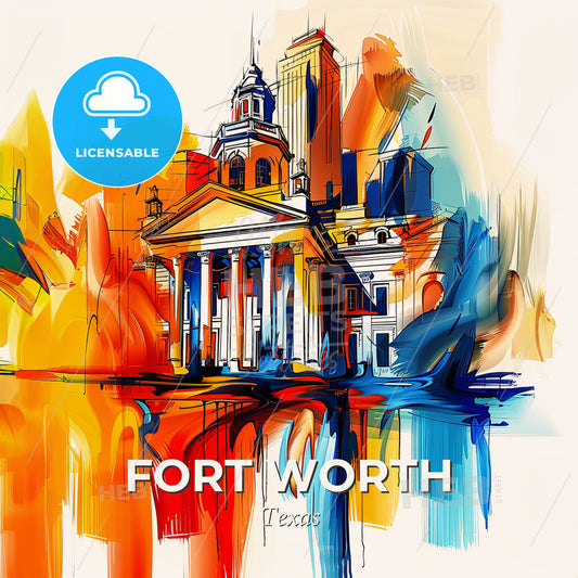 Vibrant Fort Worth, Texas - A Painting Of A Building With Columns And A Cityscape - Square format print template