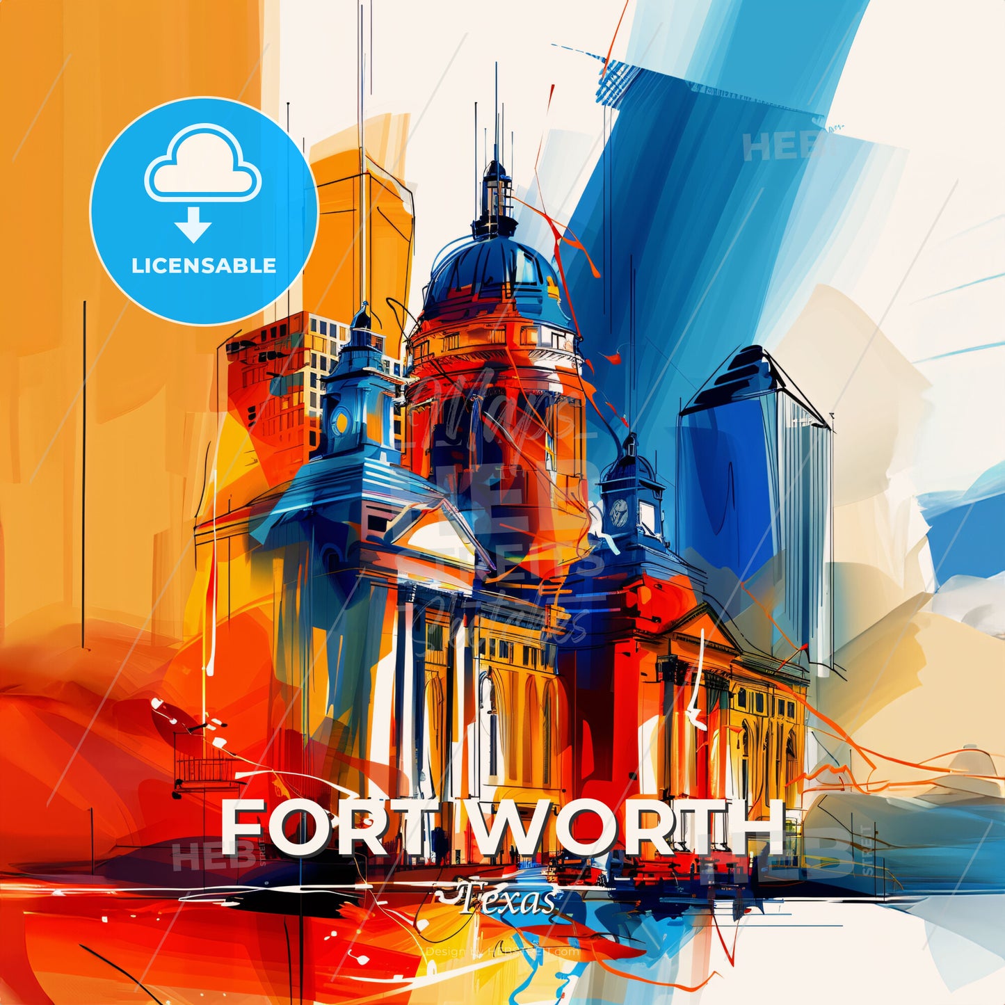 Vibrant Fort Worth, Texas - A Painting Of A Building With A Dome And A City Skyline - Square format print template
