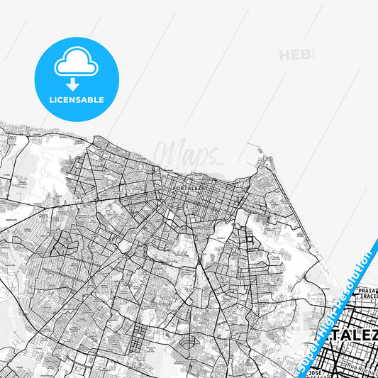 Fortaleza, Brazil light map with streetnames, citynames and districts