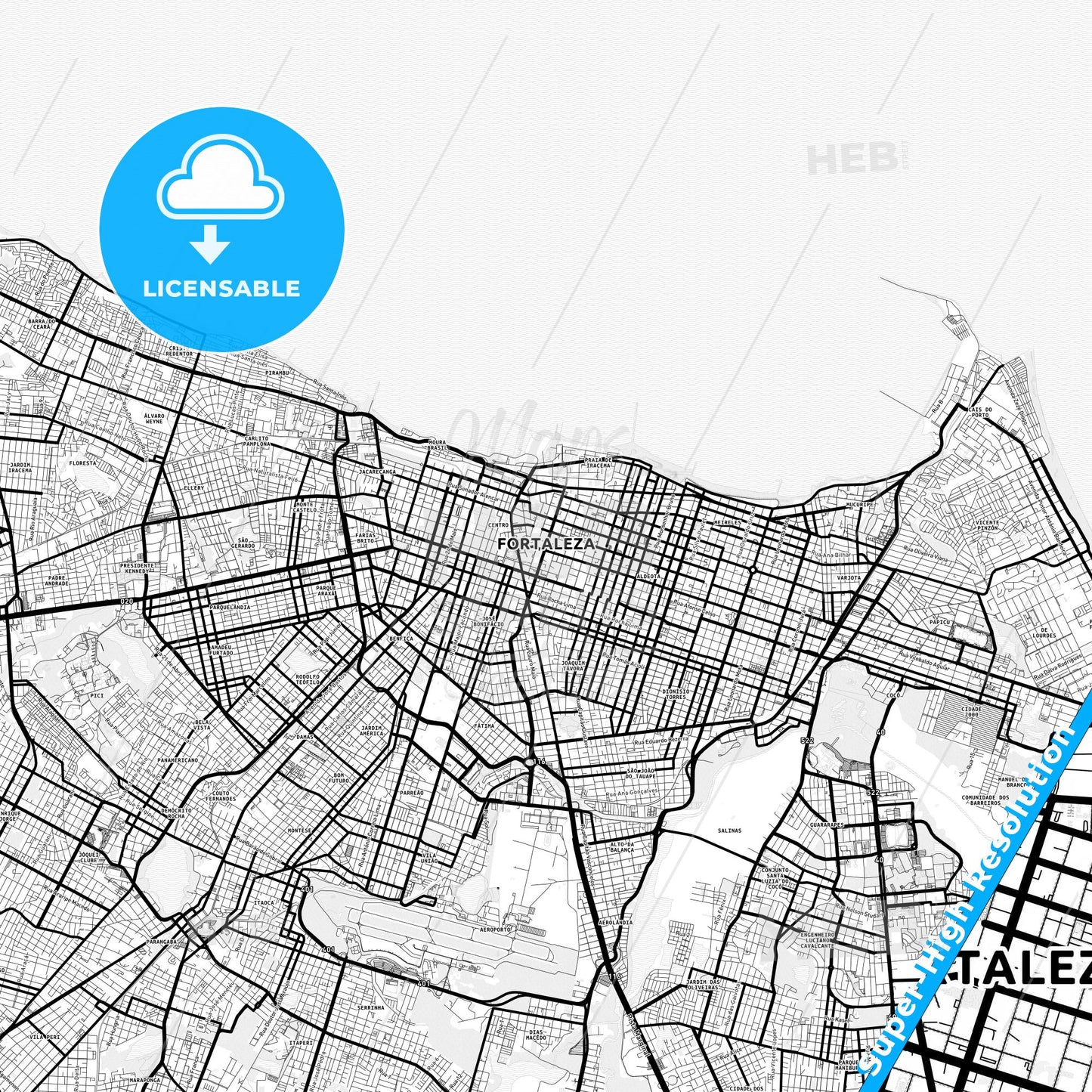 Fortaleza, Brazil Light Map with Street Names, City Names, and Districts