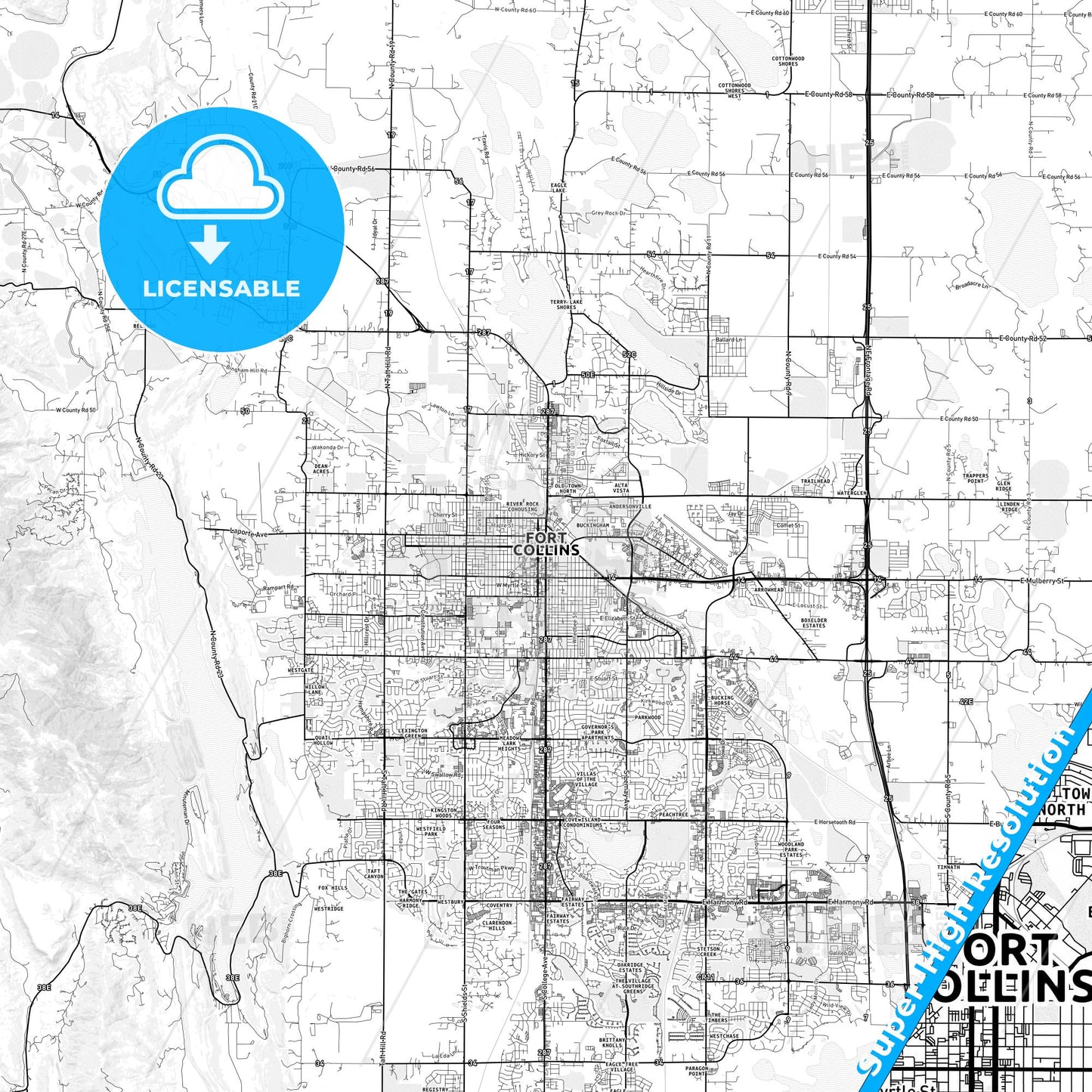 Fort Collins, Colorado light map with streetnames, citynames and districts