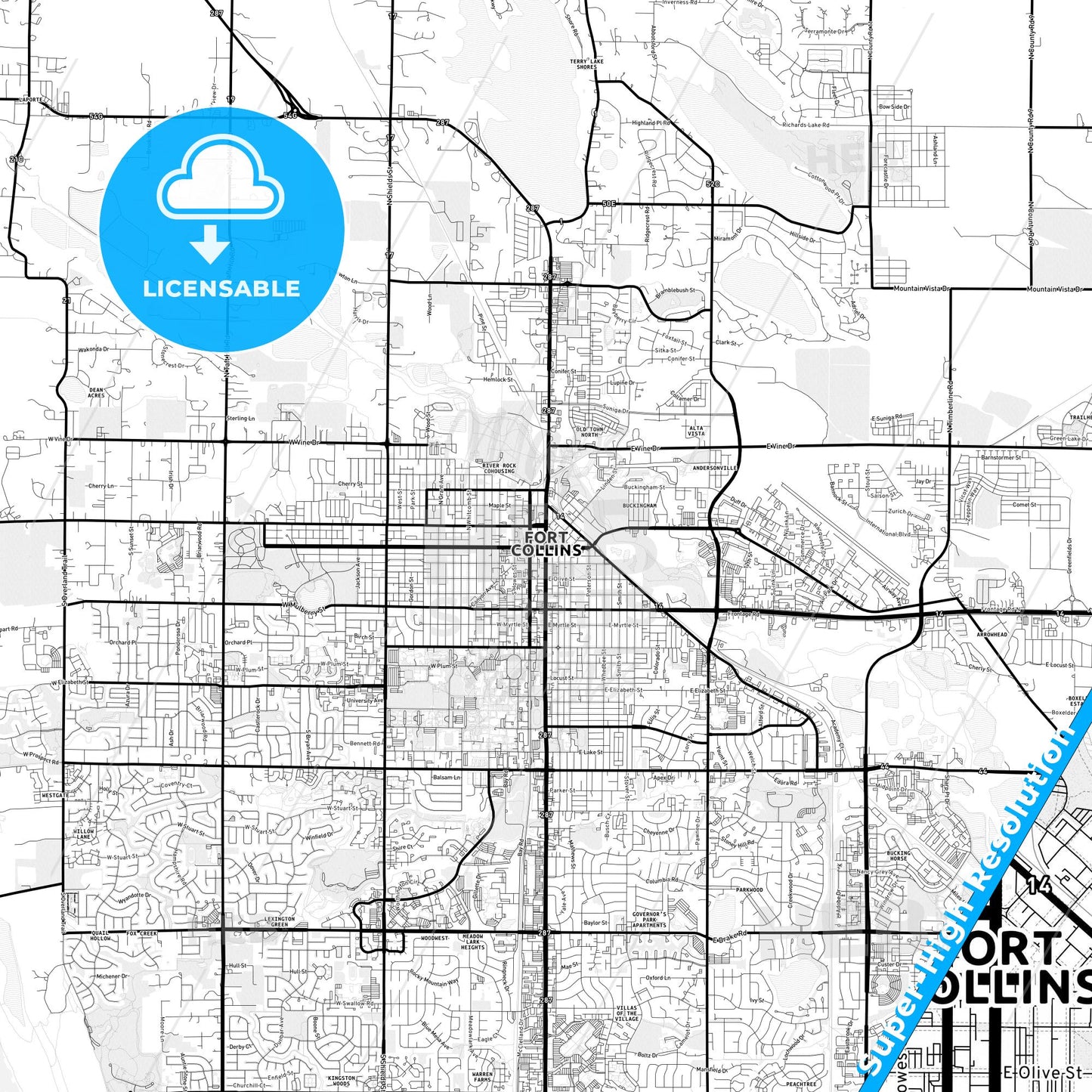 Fort Collins, Colorado Light Map with Street Names, City Names, and Districts