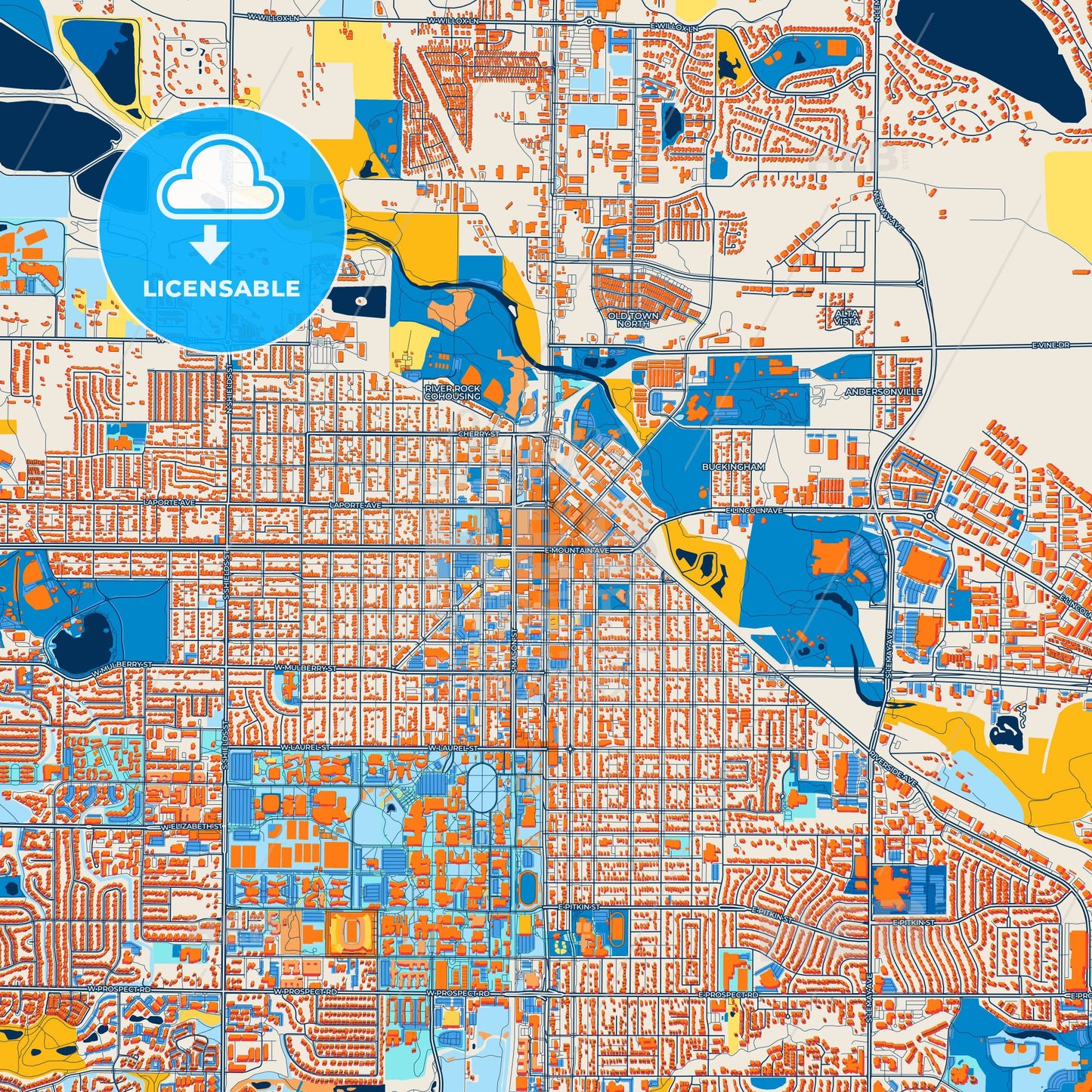 Colorful Fort Collins Street Map with Labels and Buildings