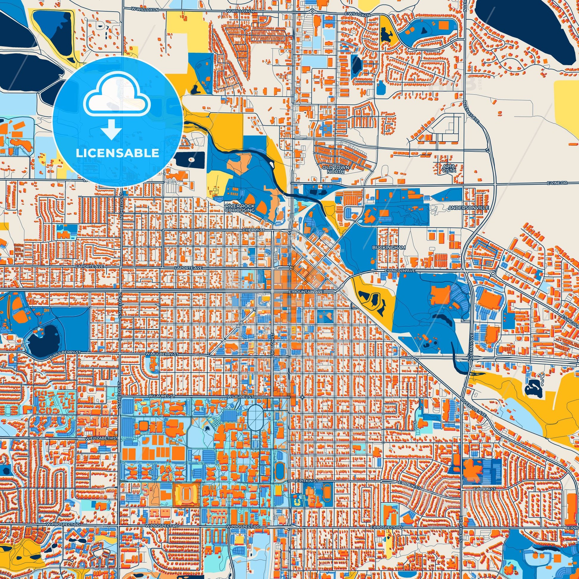 Colorful Fort Collins Street Map with Labels and Buildings