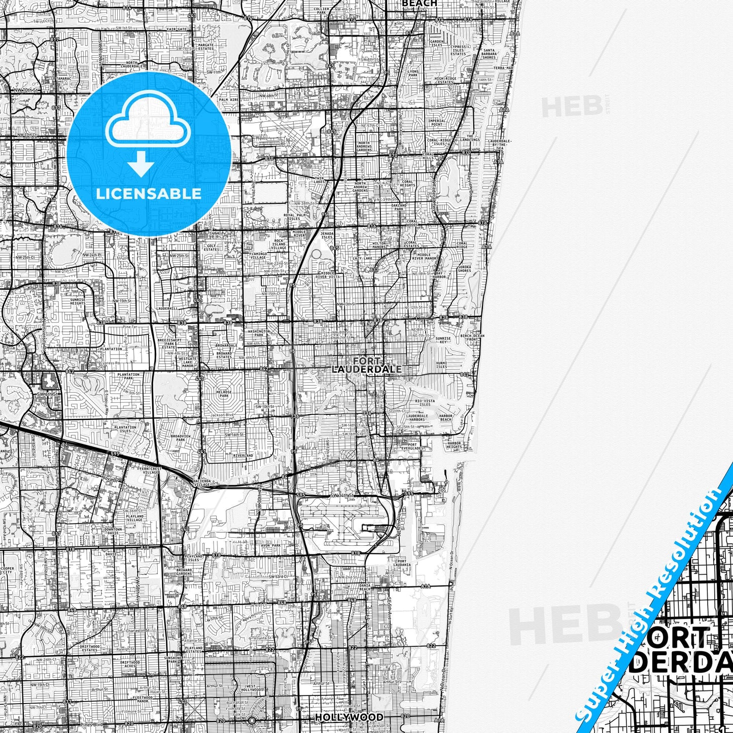 Fort Lauderdale, Florida light map with streetnames, citynames and districts