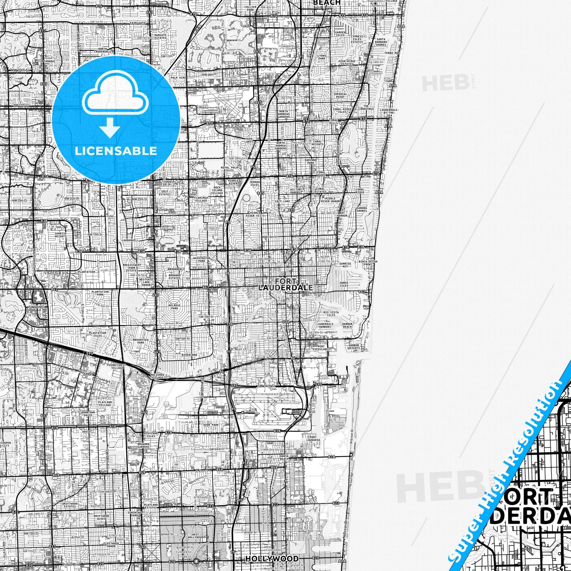 Fort Lauderdale, Florida light map with streetnames, citynames and districts