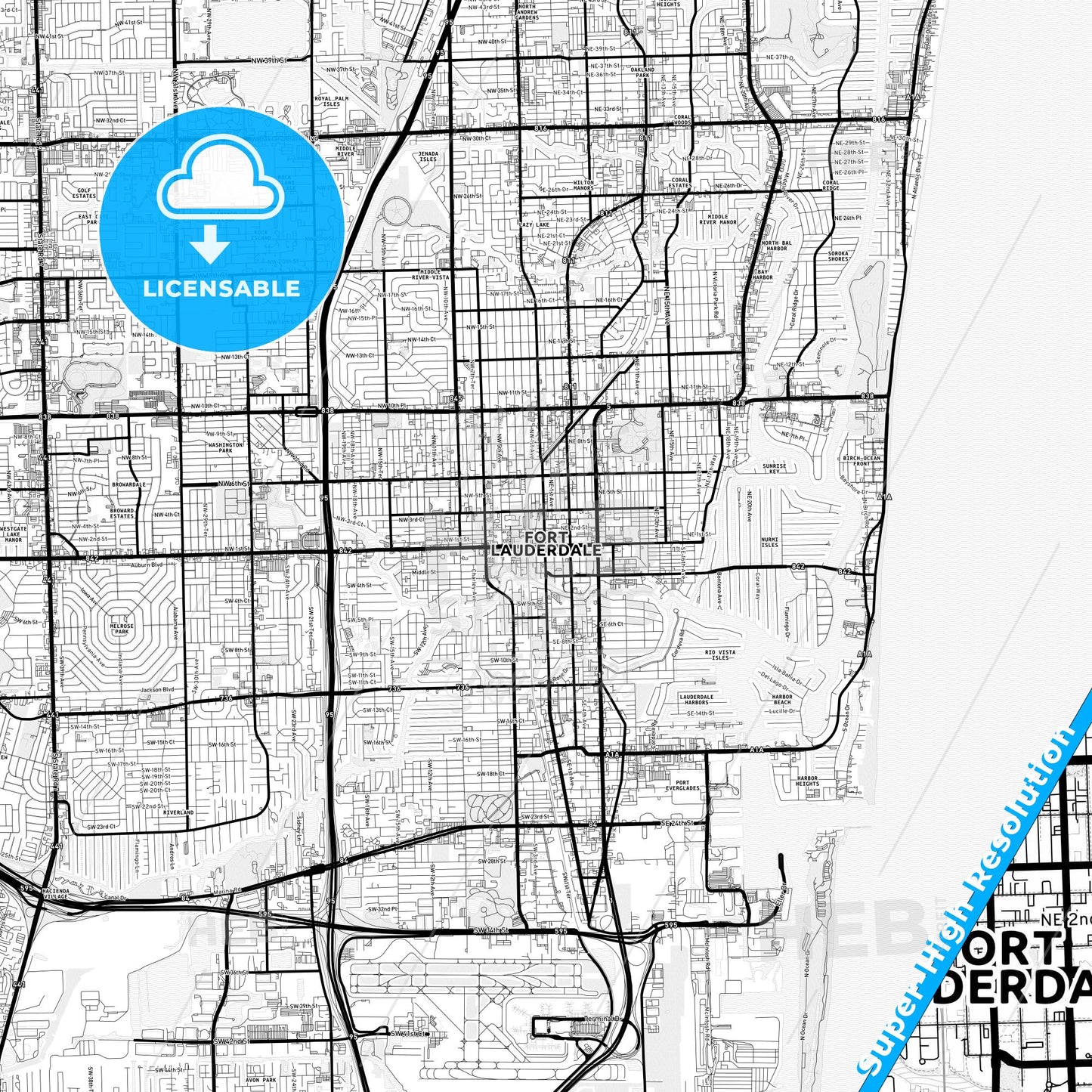 Fort Lauderdale, Florida Light Map with Street Names, City Names, and Districts