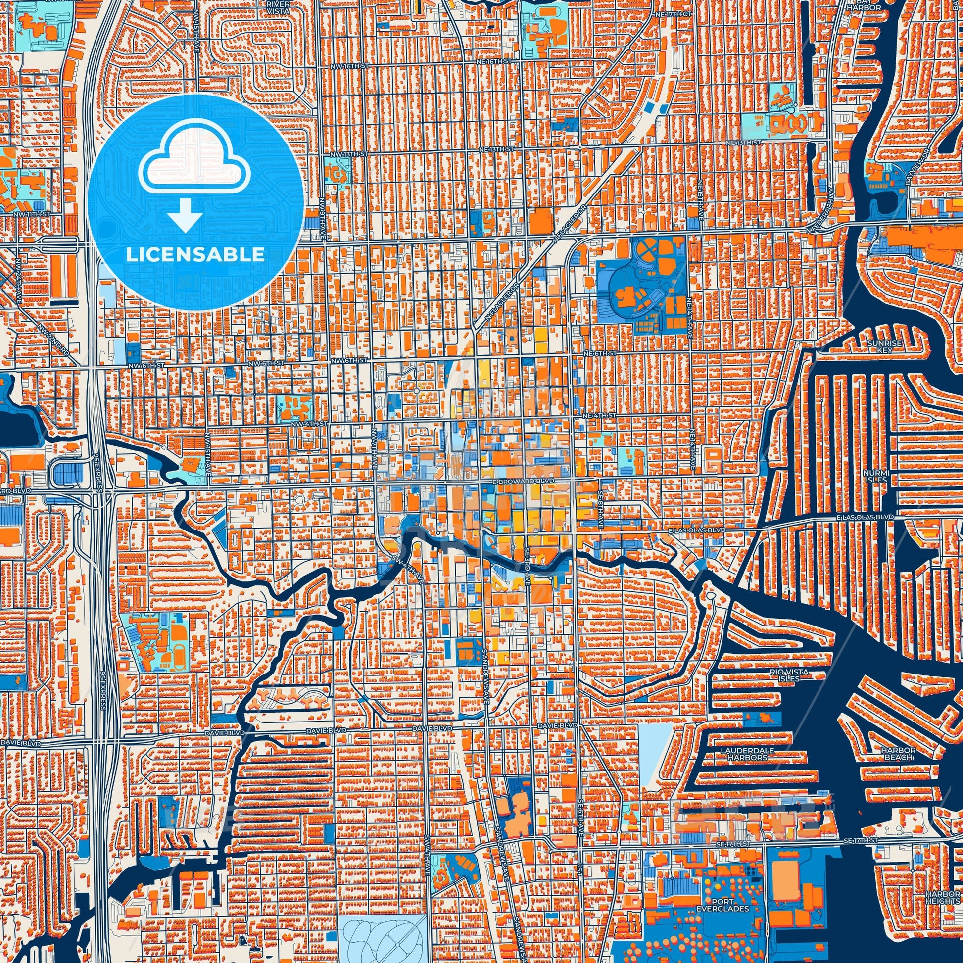 Colorful Fort Lauderdale Street Map with Labels and Buildings