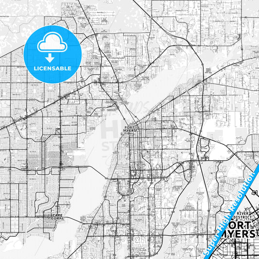 Fort Myers, Florida light map with streetnames, citynames and districts