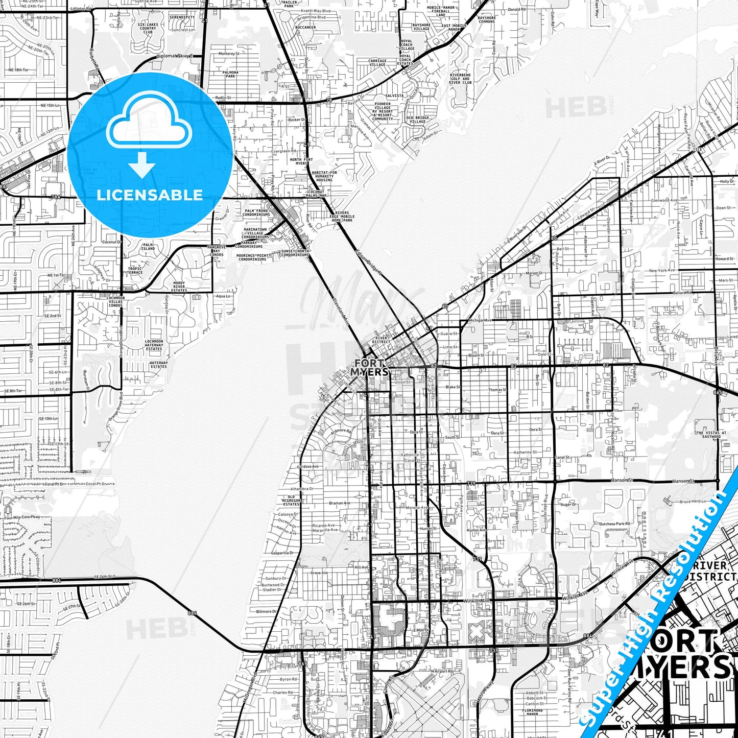 Fort Myers, Florida Light Map with Street Names, City Names, and Districts