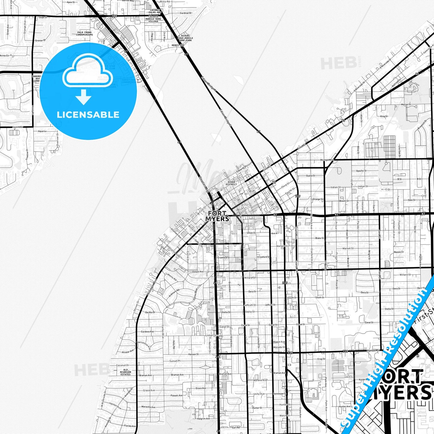 Fort Myers, Florida Light Map with Street Names, City Names, and Districts