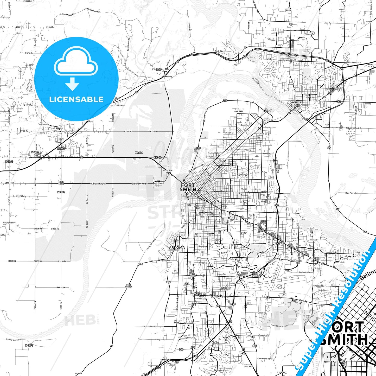 Fort Smith, Arkansas light map with streetnames, citynames and districts