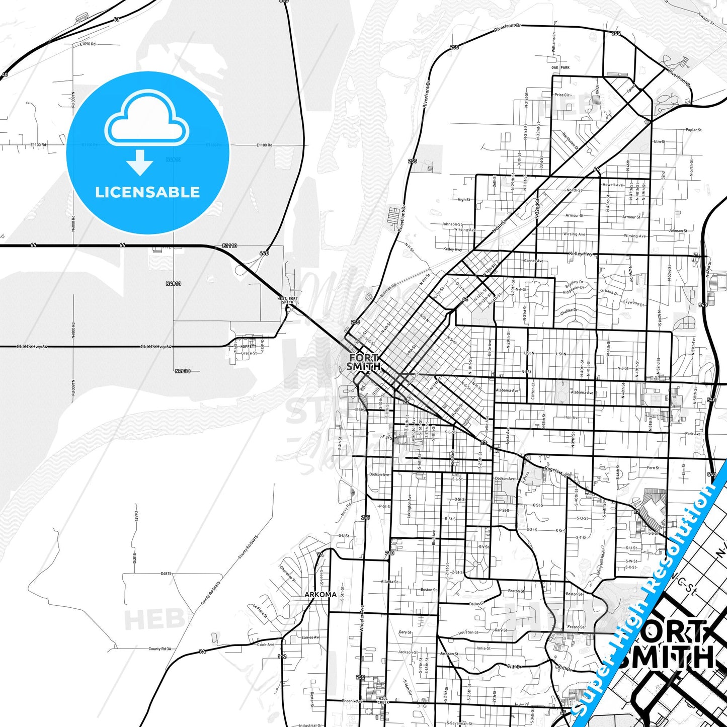 Fort Smith, Arkansas Light Map with Street Names, City Names, and Districts