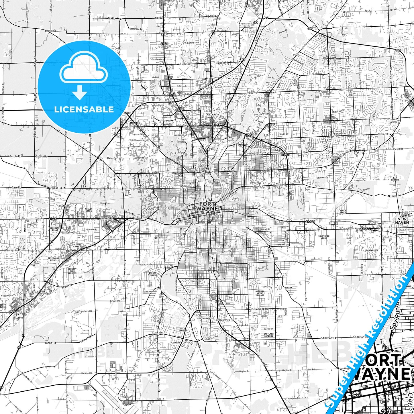 Fort Wayne, Indiana light map with streetnames, citynames and districts