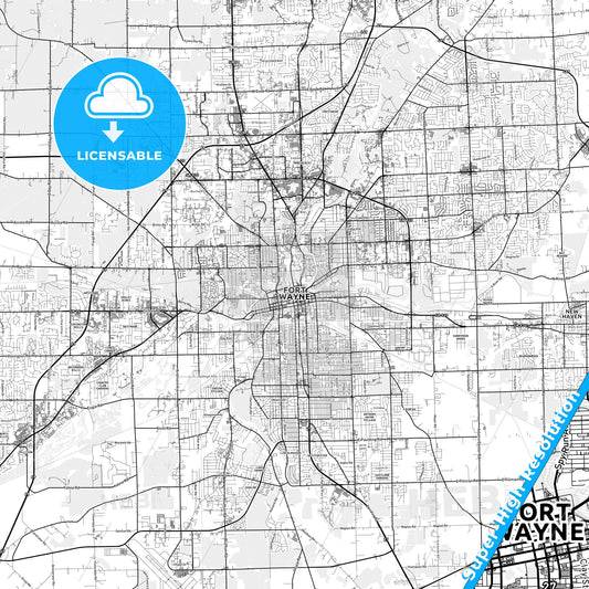 Fort Wayne, Indiana light map with streetnames, citynames and districts