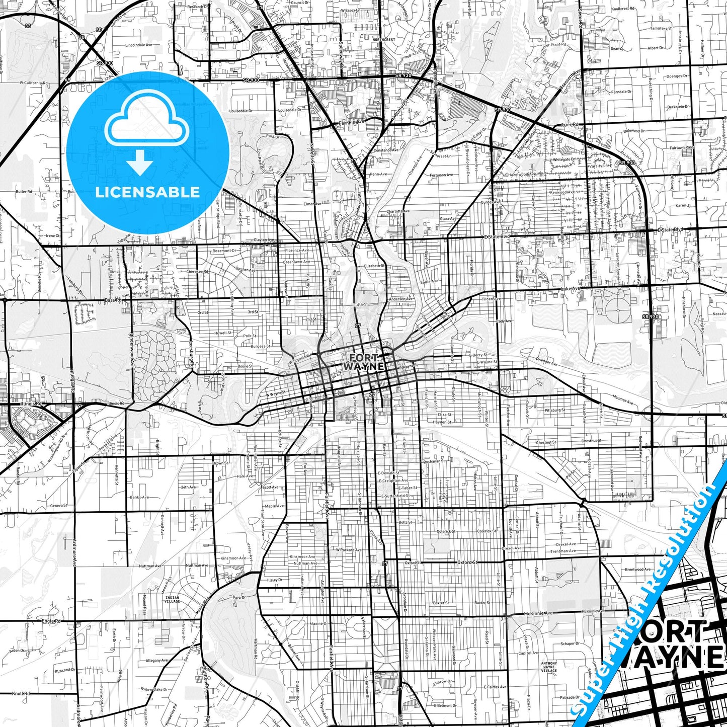 Fort Wayne, Indiana Light Map with Street Names, City Names, and Districts