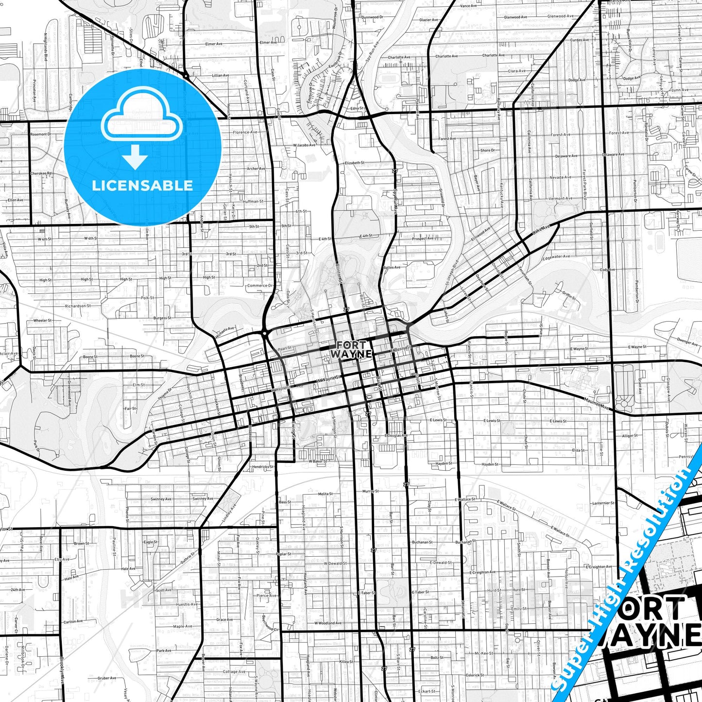 Fort Wayne, Indiana Light Map with Street Names, City Names, and Districts