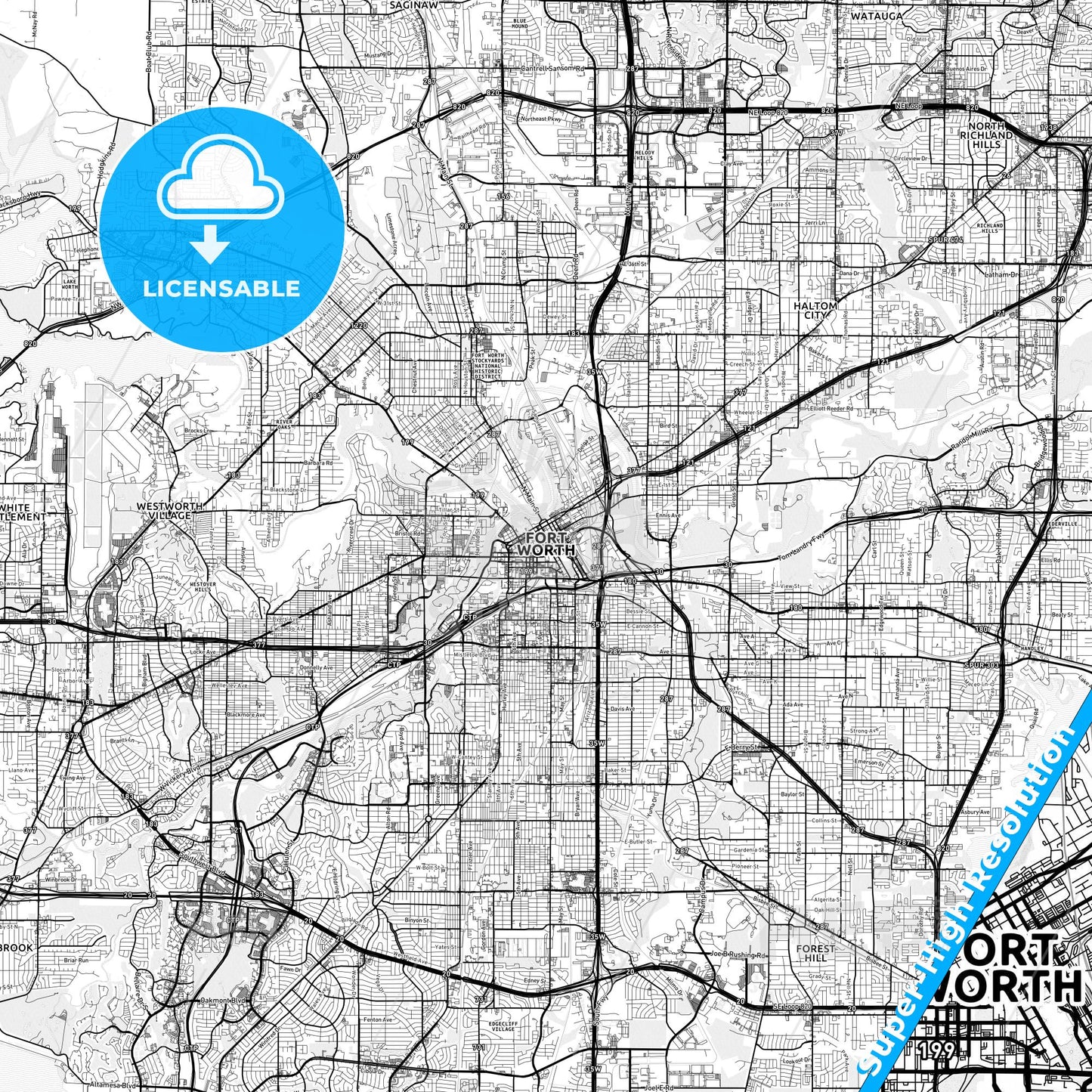 Fort Worth, Texas light map with streetnames, citynames and districts