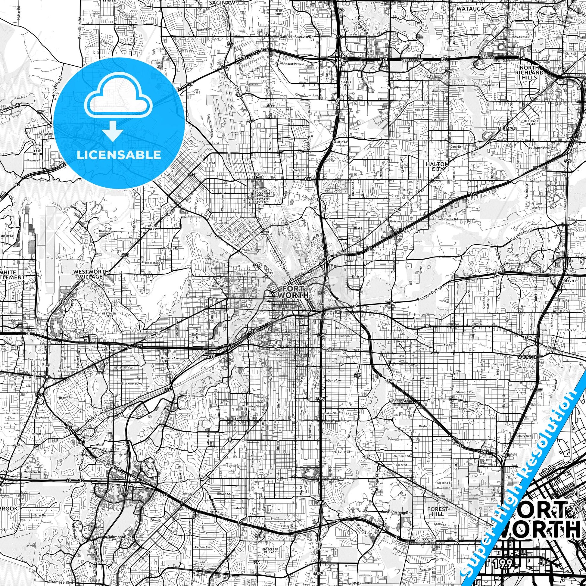 Fort Worth, Texas light map with streetnames, citynames and districts