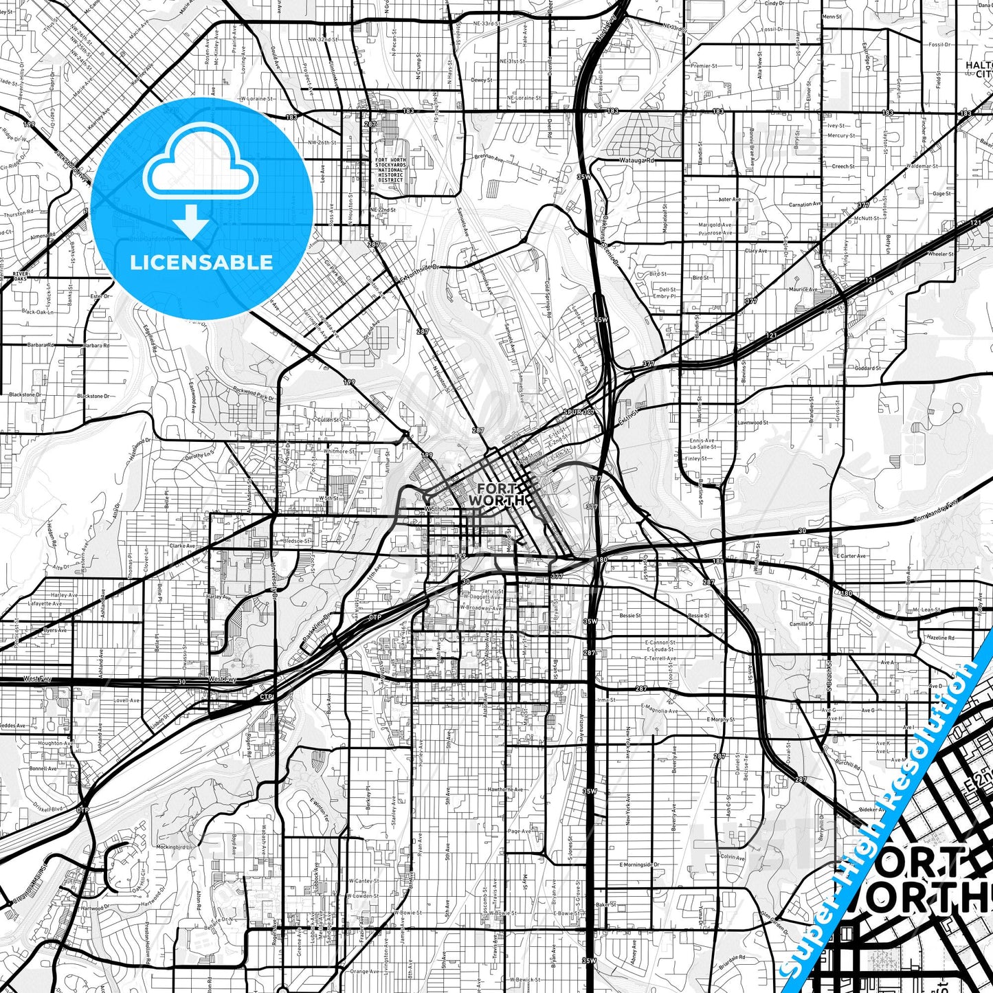 Fort Worth, Texas Light Map with Street Names, City Names, and Districts