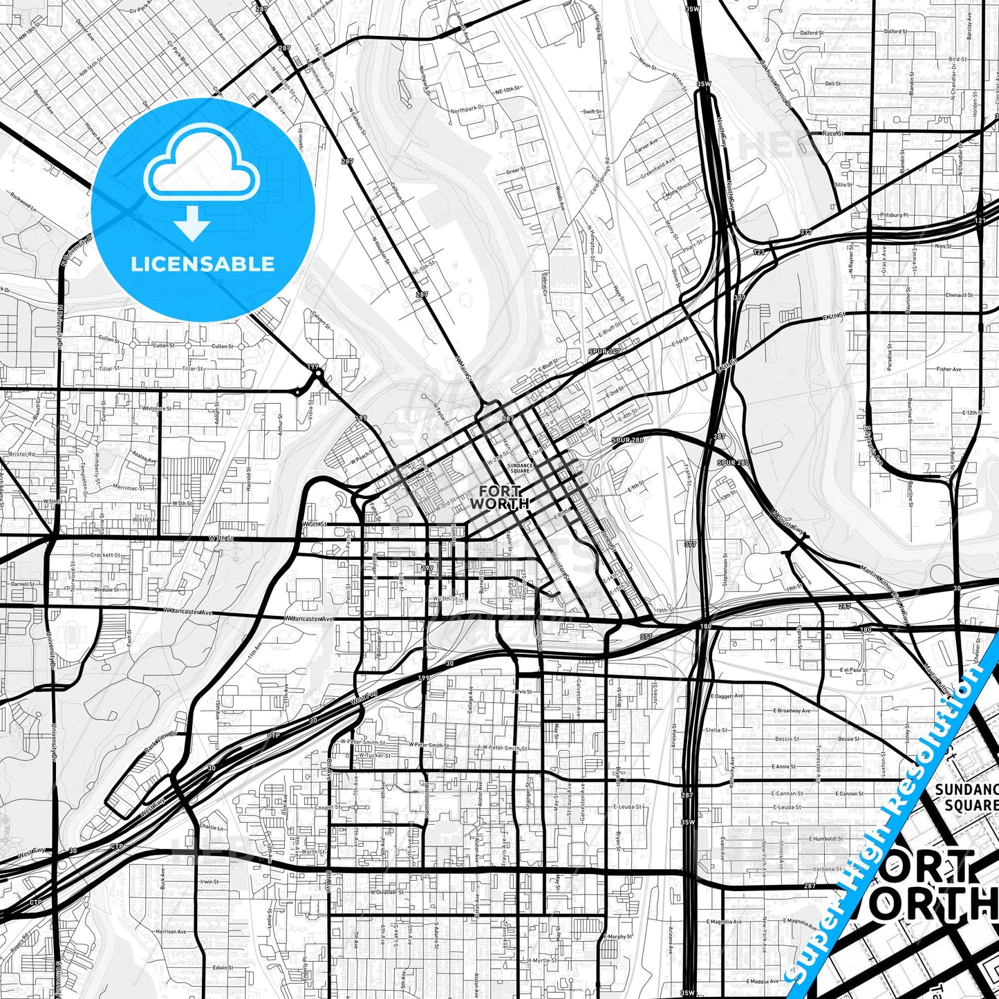 Fort Worth, Texas Light Map with Street Names, City Names, and Districts