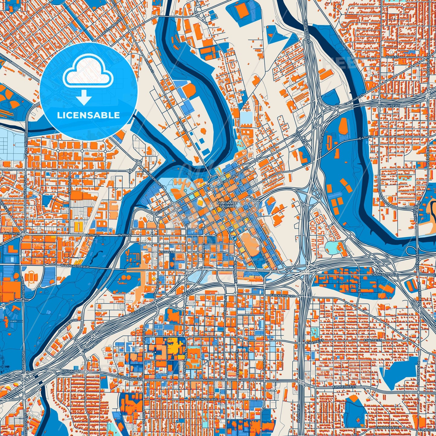 Colorful Fort Worth Street Map with Labels and Buildings