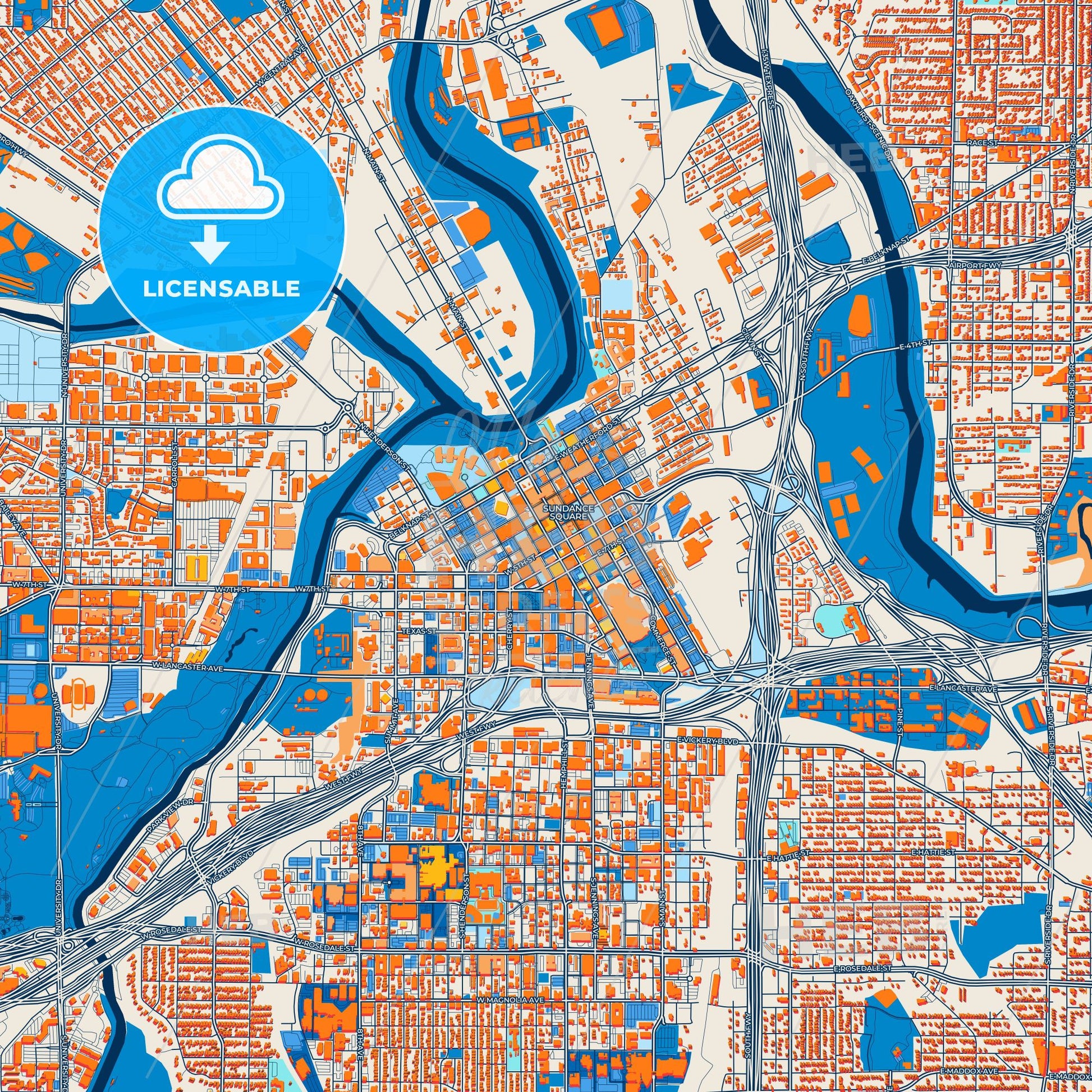 Colorful Fort Worth Street Map with Labels and Buildings