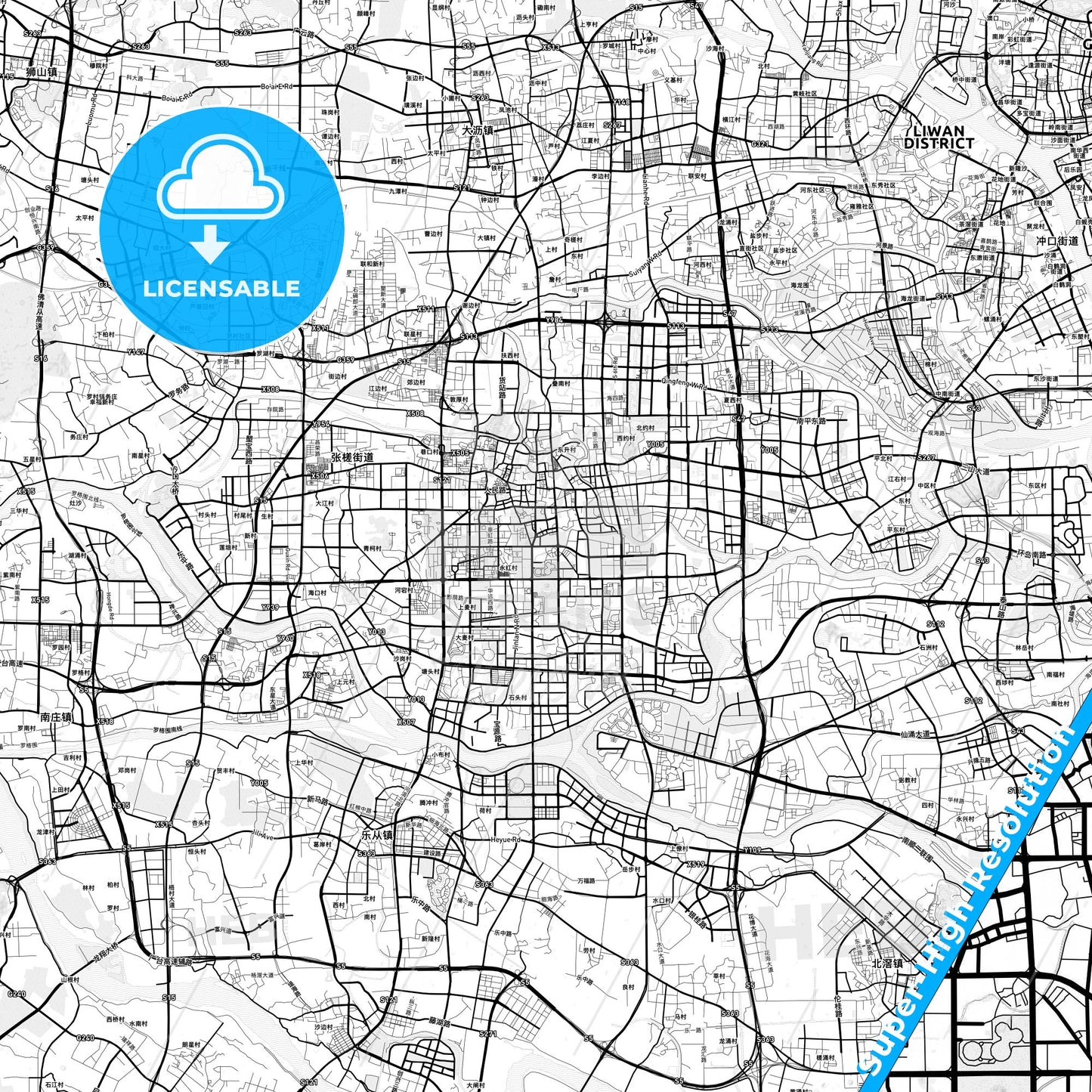 Foshan, China light map with streetnames, citynames and districts