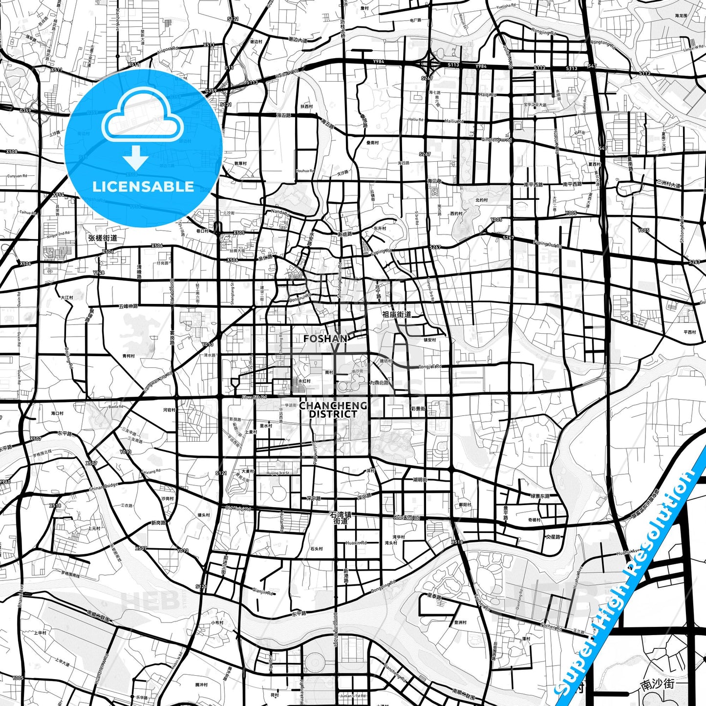 Foshan, China Light Map with Street Names, City Names, and Districts