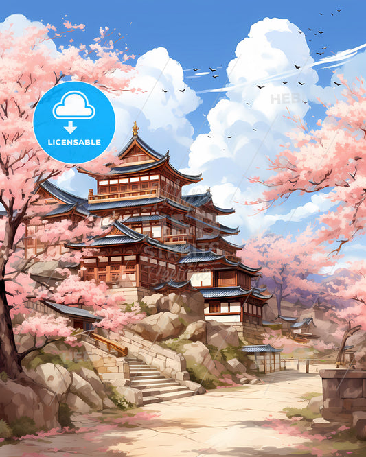 Vibrant Colorful Skyline Painting with Hilltop Building and Pink Blossom Flowers