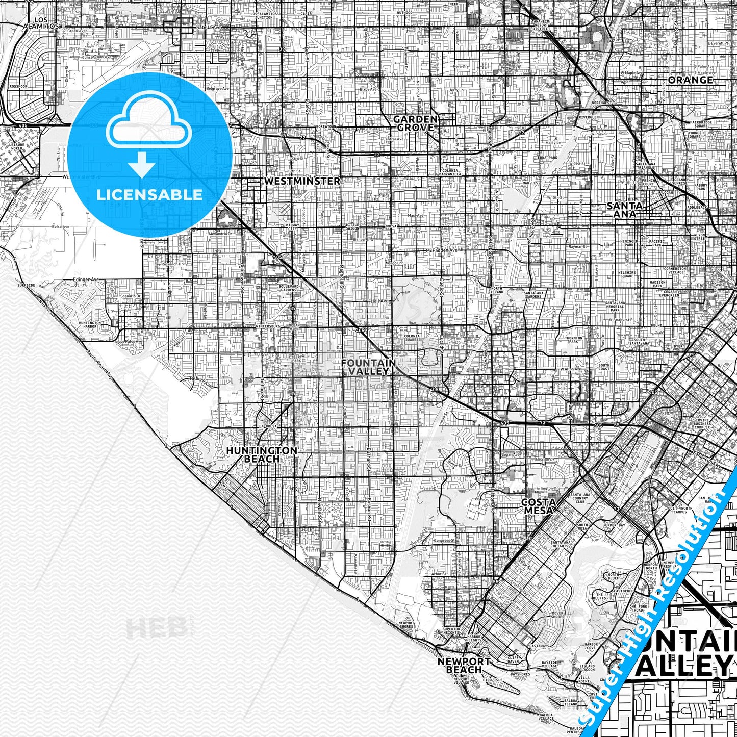 Fountain Valley, California light map with streetnames, citynames and districts