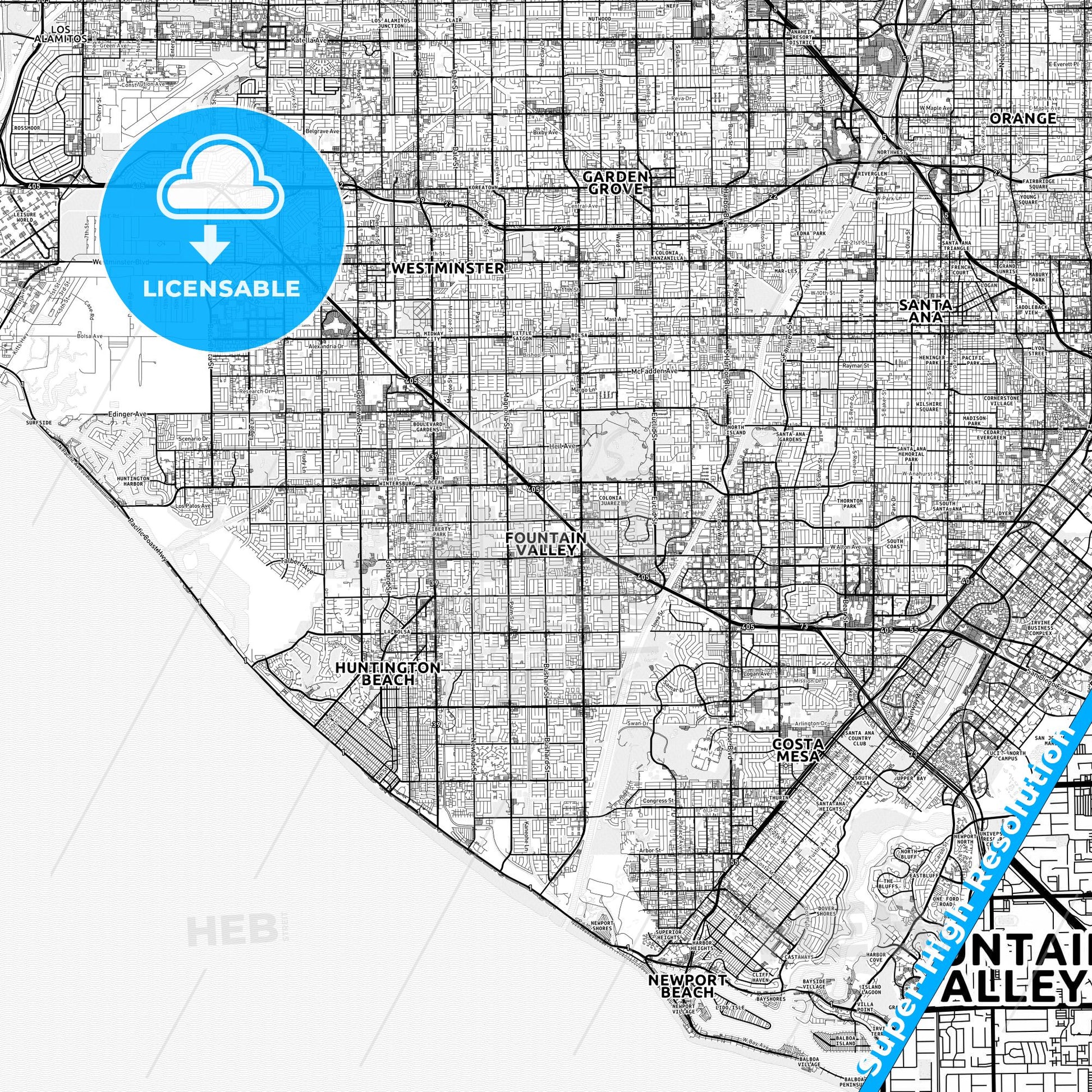 Fountain Valley, California light map with streetnames, citynames and districts
