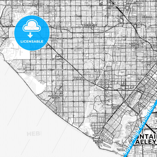 Fountain Valley, California light map with streetnames, citynames and districts