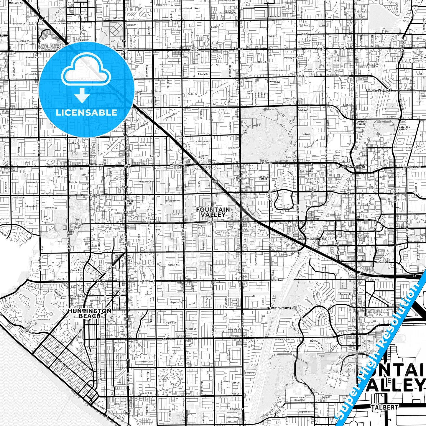 Fountain Valley, California Light Map with Street Names, City Names, and Districts