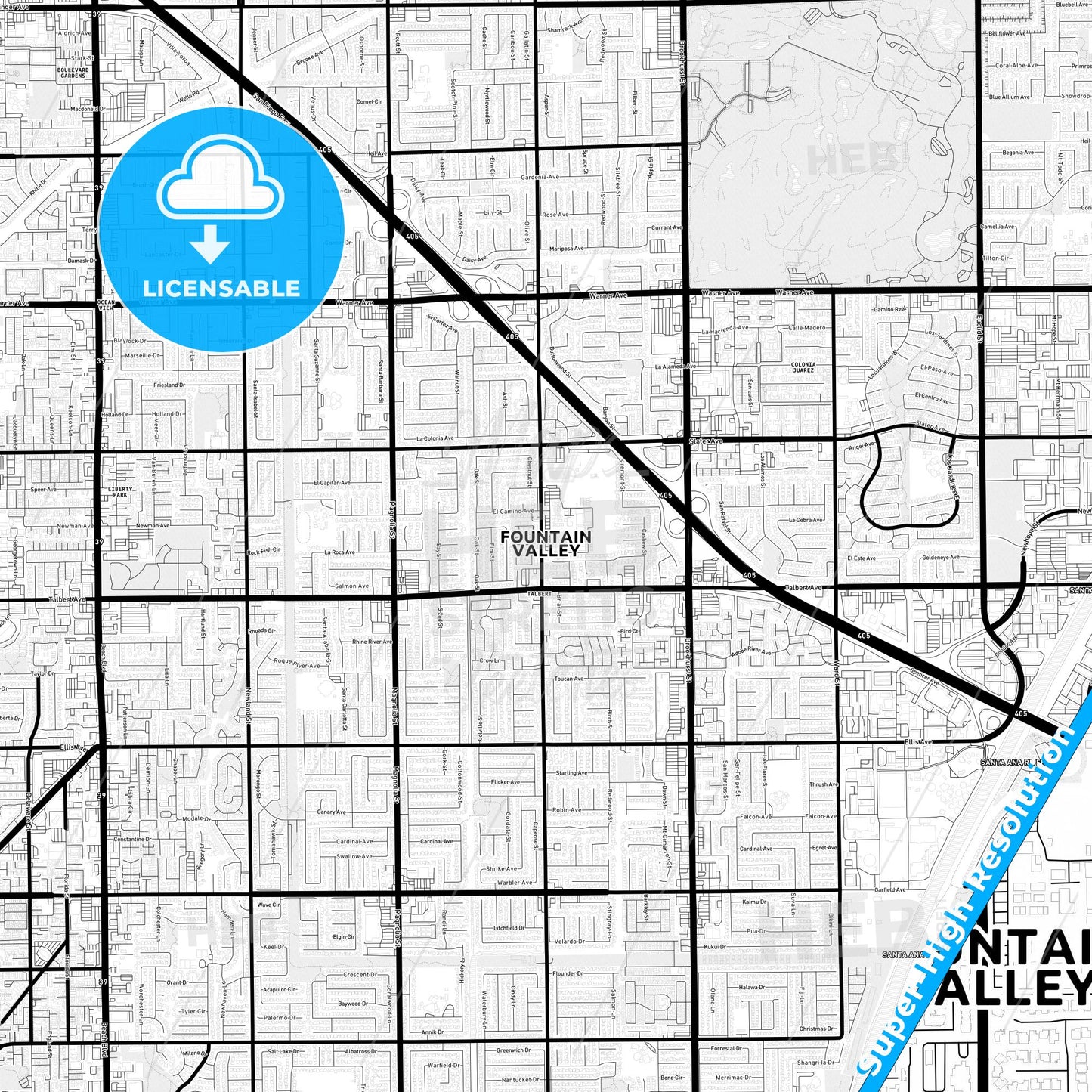 Fountain Valley, California Light Map with Street Names, City Names, and Districts