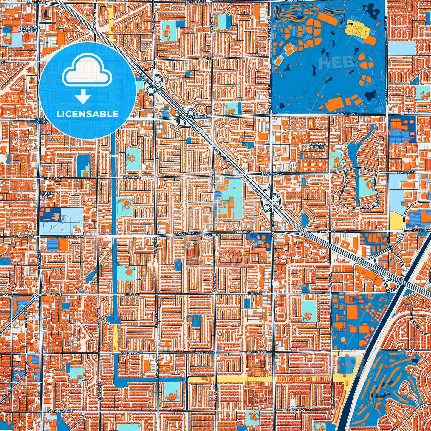Colorful Fountain Valley Street Map with Labels and Buildings