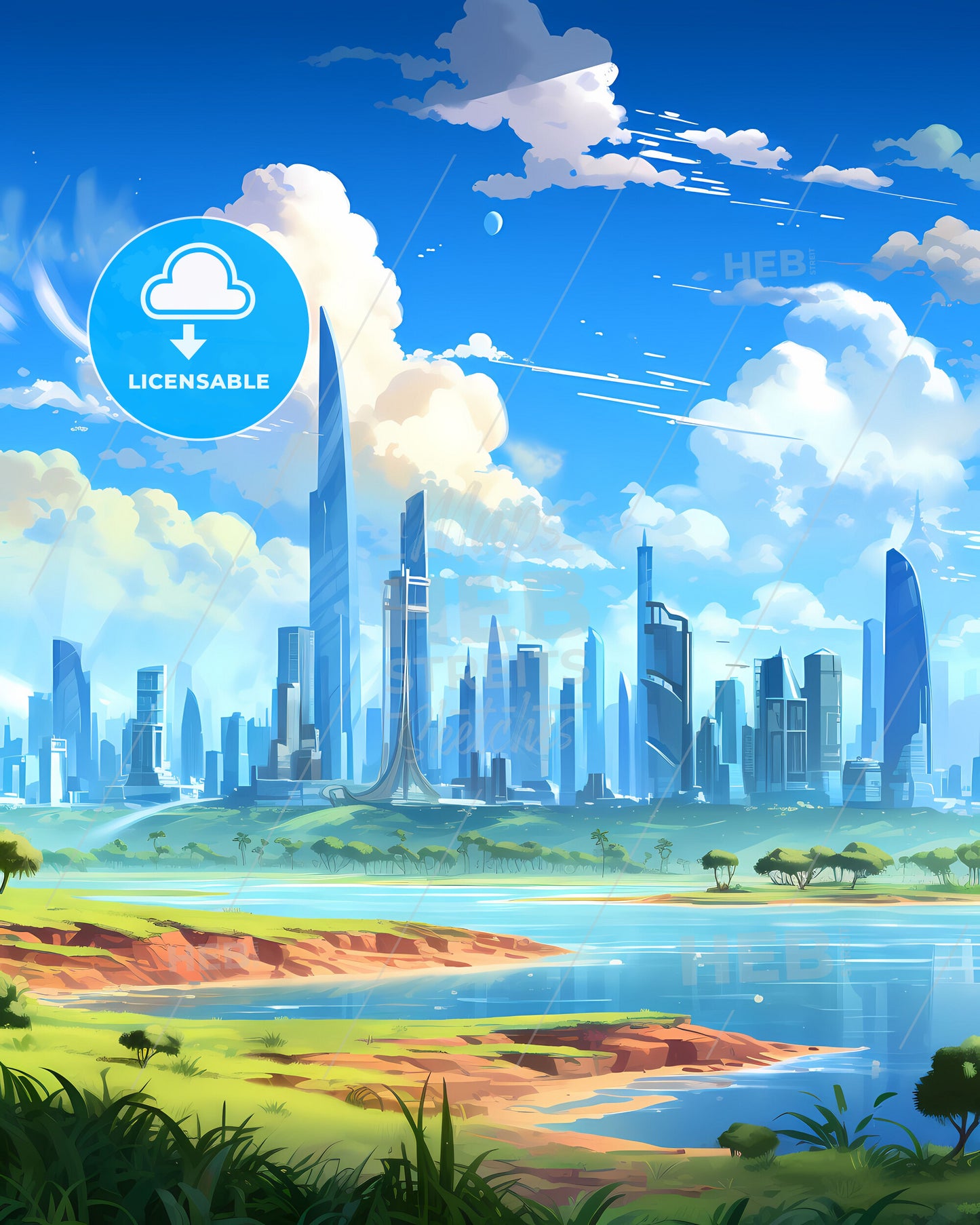 Vibrant Painting of Foz do Iguacu's Cityscape with River and Trees