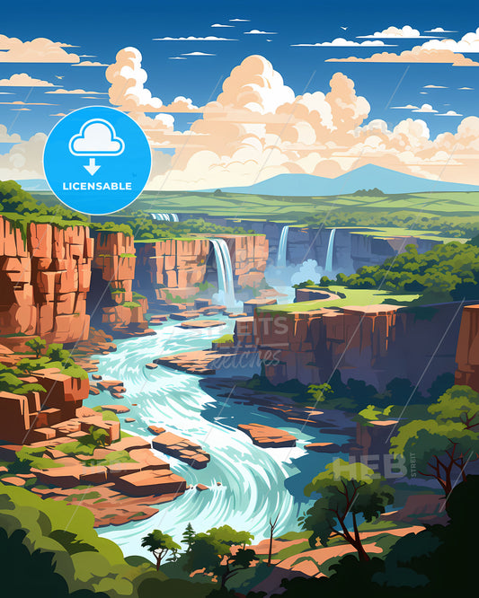 Artistic Depiction of Foz do Iguacu Brazil Skyline with River Flowing Through Canyon