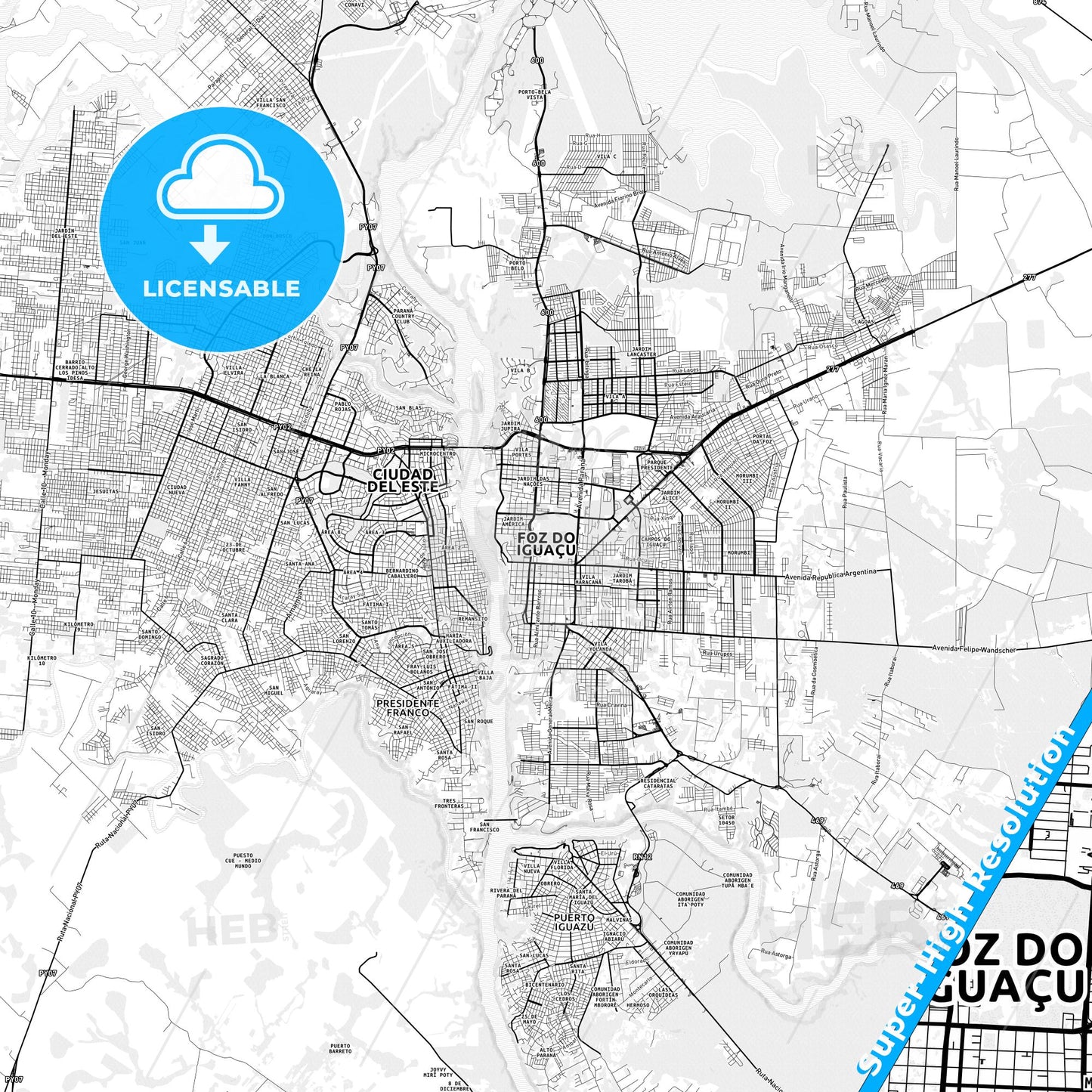 Foz do Iguacu, Brazil light map with streetnames, citynames and districts